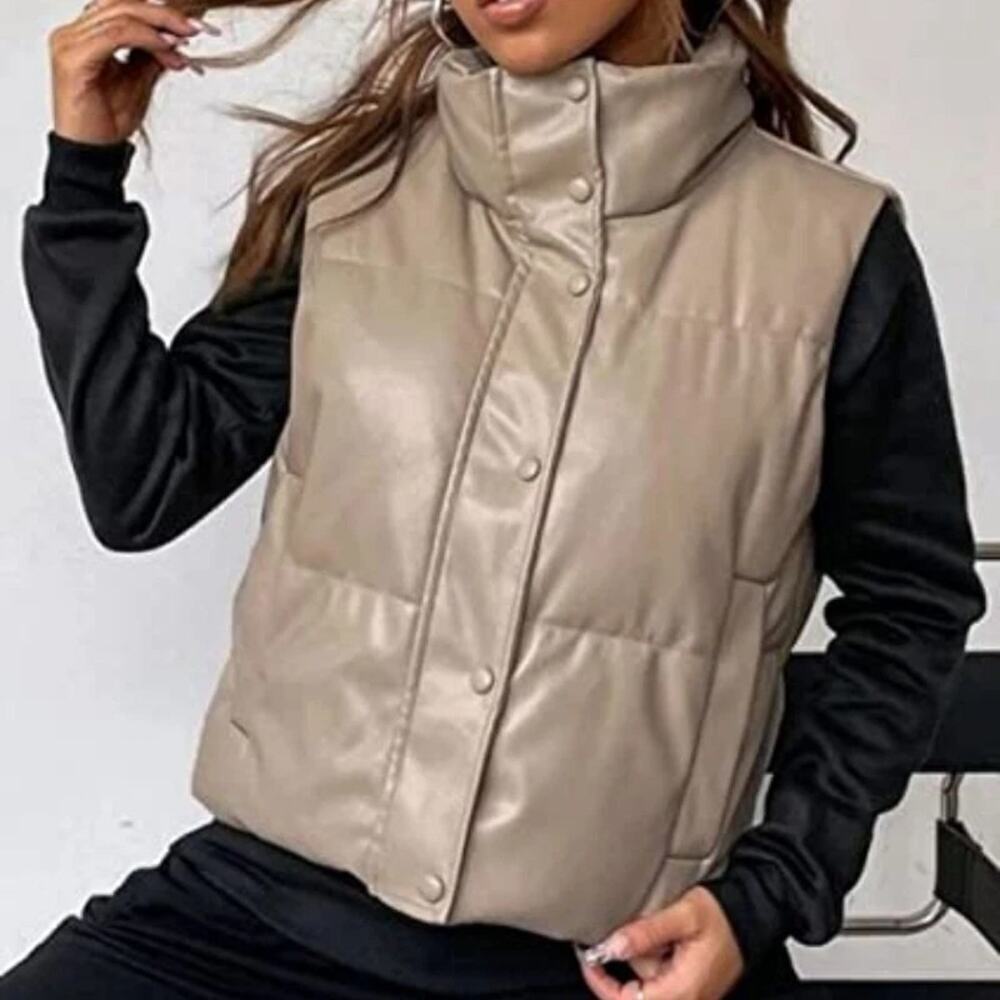 dylan Sleeveless Faux Leather Snap Button Crop Puffer Vest Taupe Women's Size XS